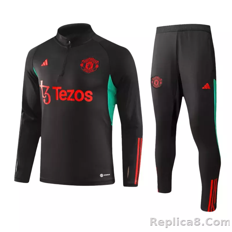 Kids Manchester United Zipper Sweatshirt Kit(Top+Pants) Black 2023/24