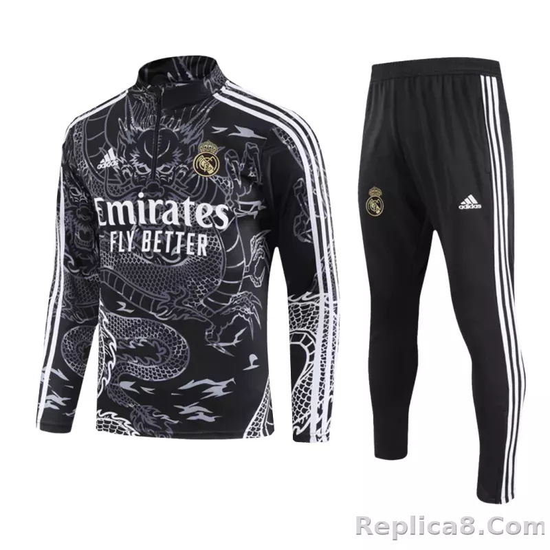 Kids Real Madrid Zipper Sweatshirt Kit(Top+Pants) Black 2023/24