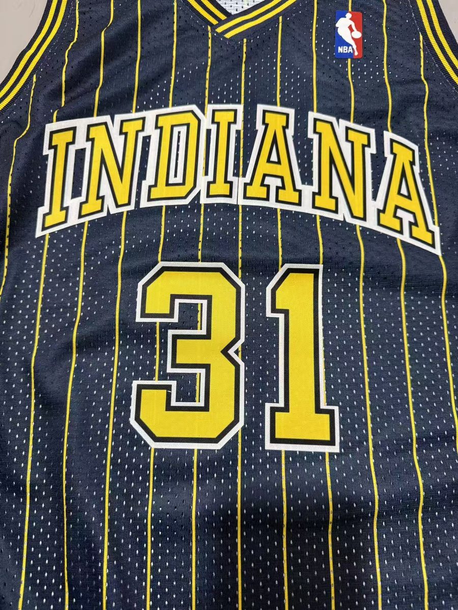 Indiana Pacers 1994-95 Throwback Heat-Pressed Navy #31 Reggie Miller Jersey - detail