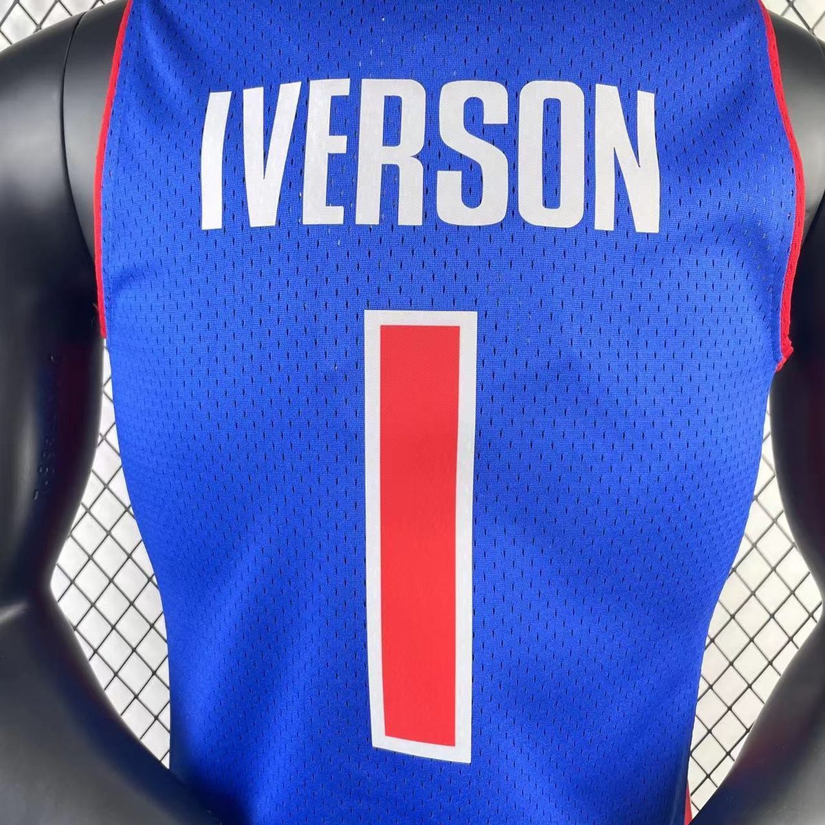 Detroit Pistons 2008-09 Throwback Heat-Pressed Jersey Royal Blue #1 Allen Iverson - detail