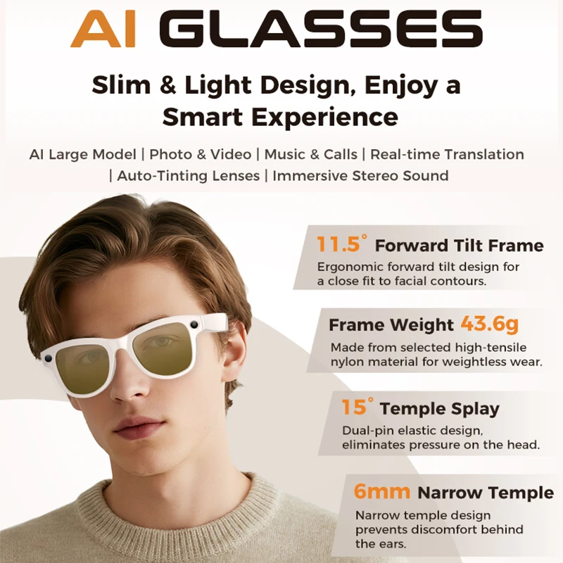 New Intelligent AI Glasses 800W Pixel Camera Video Recording AI Voice Translation Music WIFI Transmission BT Call Smart Glasses