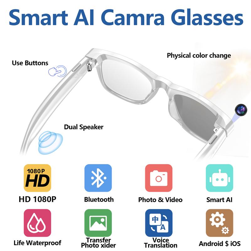 AI Smart Glasses HD 1080P Camera 260mAh Large Battery Sunglasses Camera Video Recorder Voice Assistant Control Smart Glasses Wearable Pink