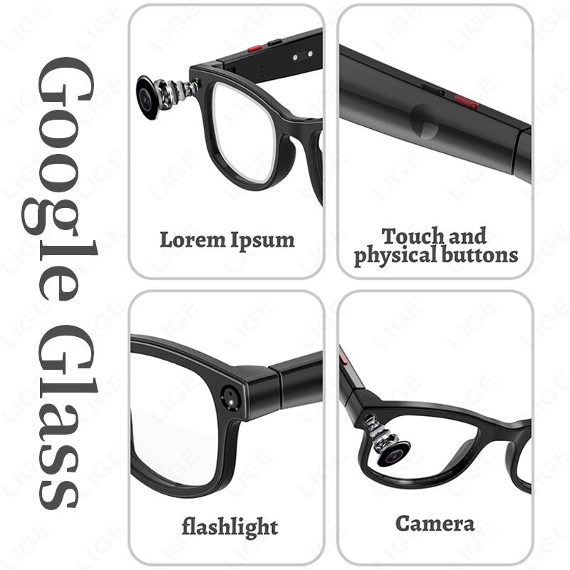 LIGE New Smart Glasses 500W Camera HD Video Recording Bluetooth Call Glasses AI Smart Translation Sunglasses WiFi Transmission Wearable 3 Pairs Of Lenses