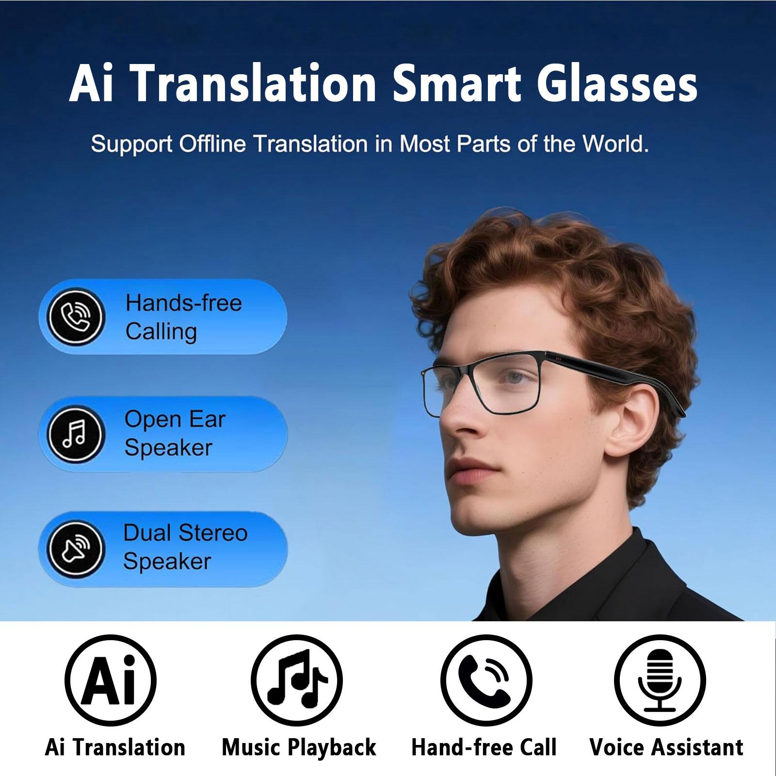 AI smart translation glasses, supporting real-time app translation in 164 languages, photochromic lenses, and flat gray lenses. Wearable Black - Image 2