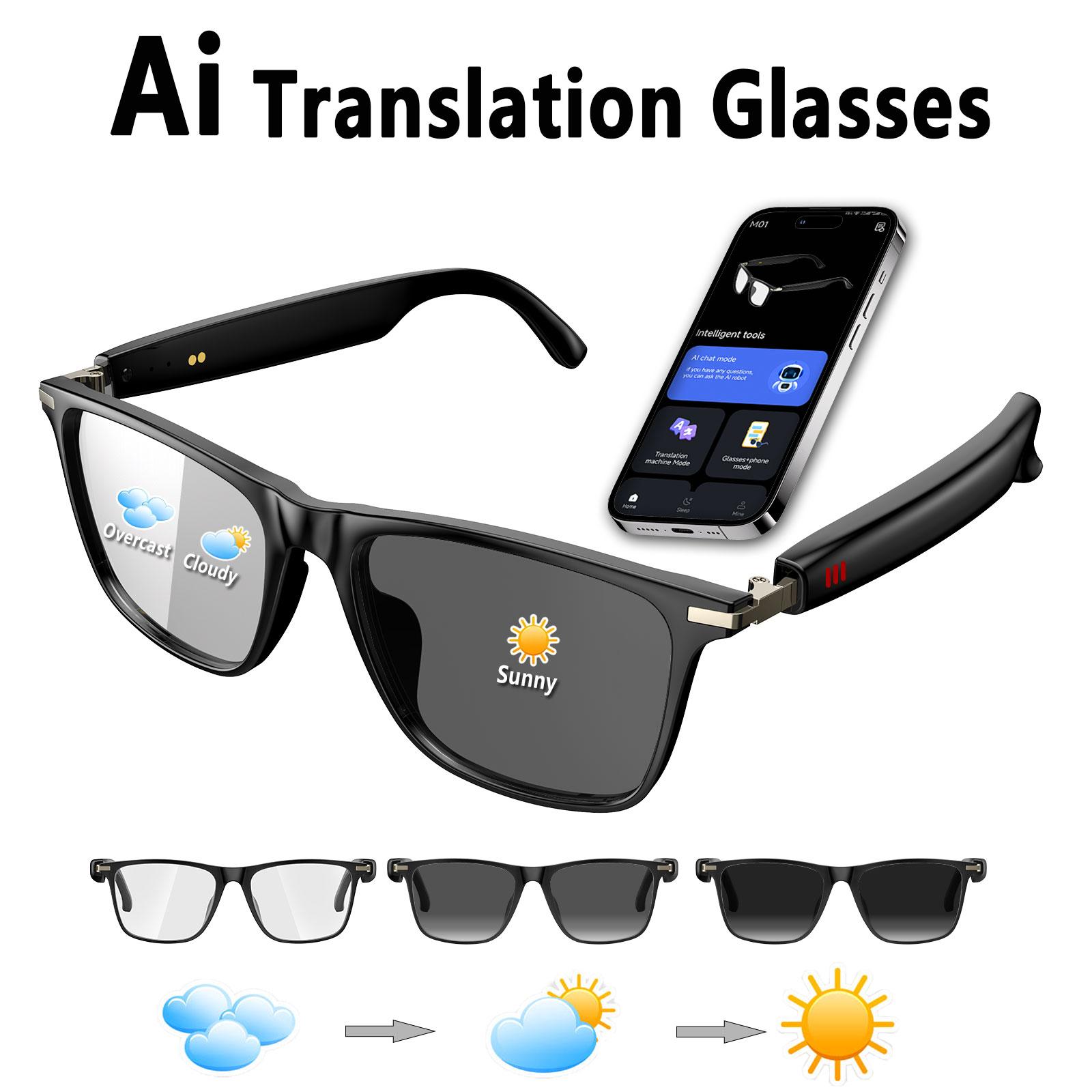 Smart AI translation glasses, real-time app translation in 164 languages, photochromic lenses, flat gray-black lenses.