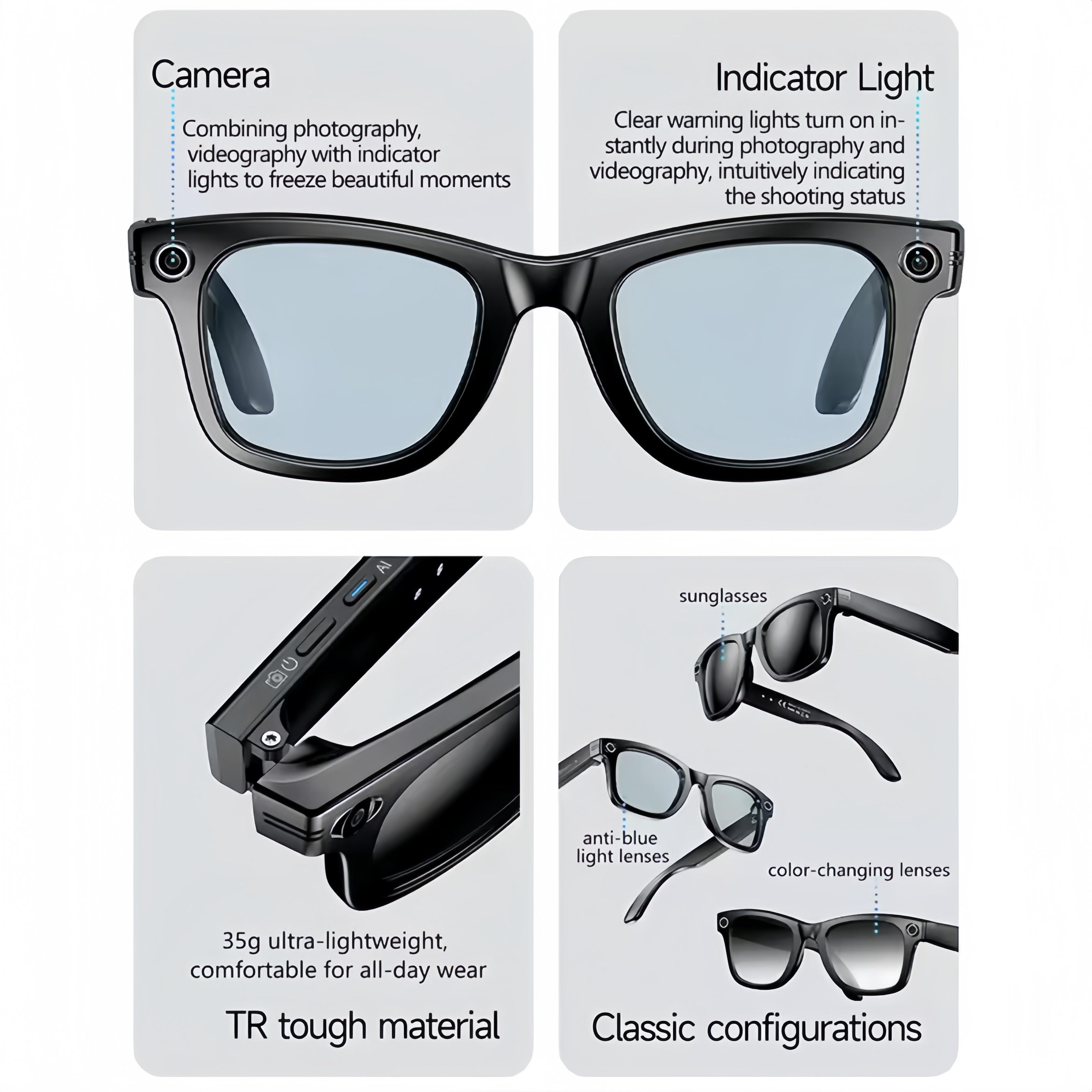 4K Ultra HD AI Glasses Men Chat IP65 Waterproof Voice Assistant AI Transmission 800W Camera Bluetooth Call Smart SunglassesWomen