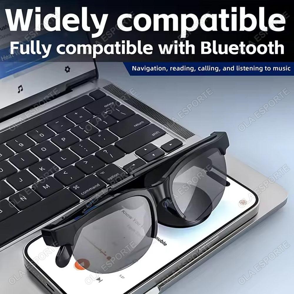 Smart glasses, designed for men, new arrival with Bluetooth 5.3, featuring stereo bass sound with blue light protection, dual speakers, touch control system, music playback, headphones, and sunglasses functionality.
