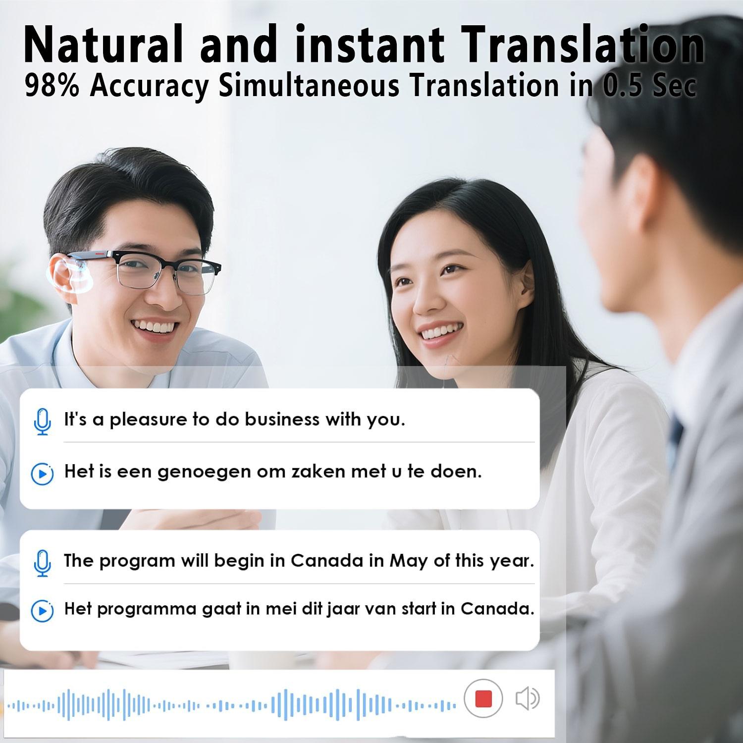 Smart AI translation glasses equipped with anti-blue light lenses, supporting real-time application translation in 164 languages