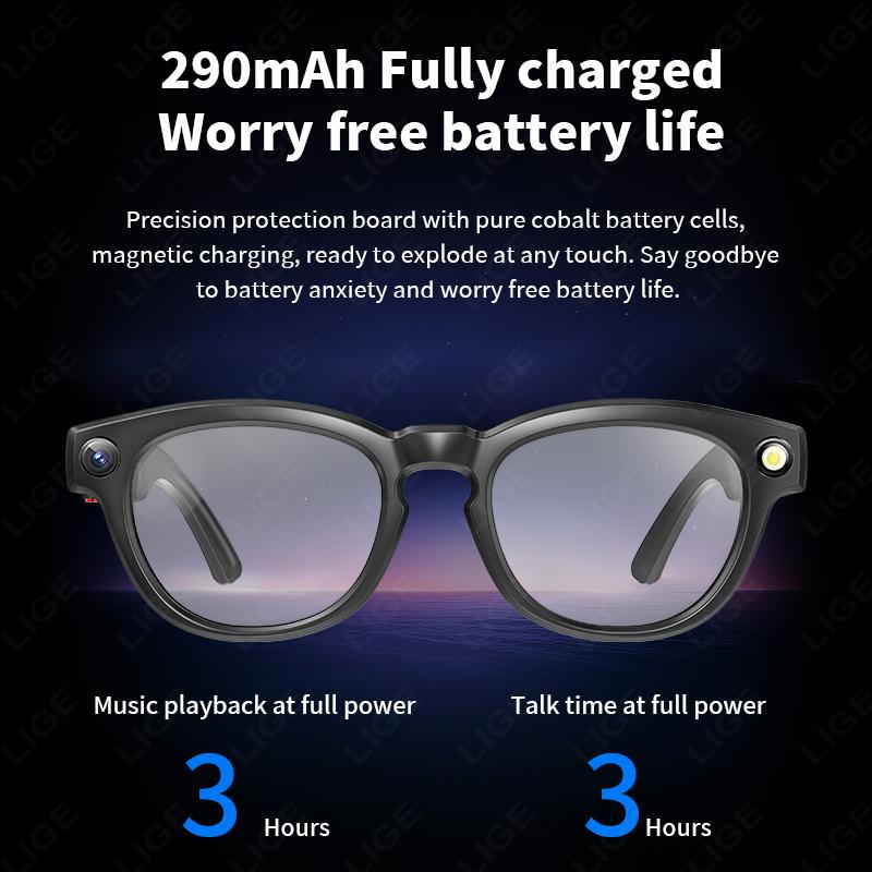 LIGE Smart AI Glasses 800W 4K HD Camera Shooting Video 290mAh Chat Voice Control Translation Bluetooth Call Color-change Lenses