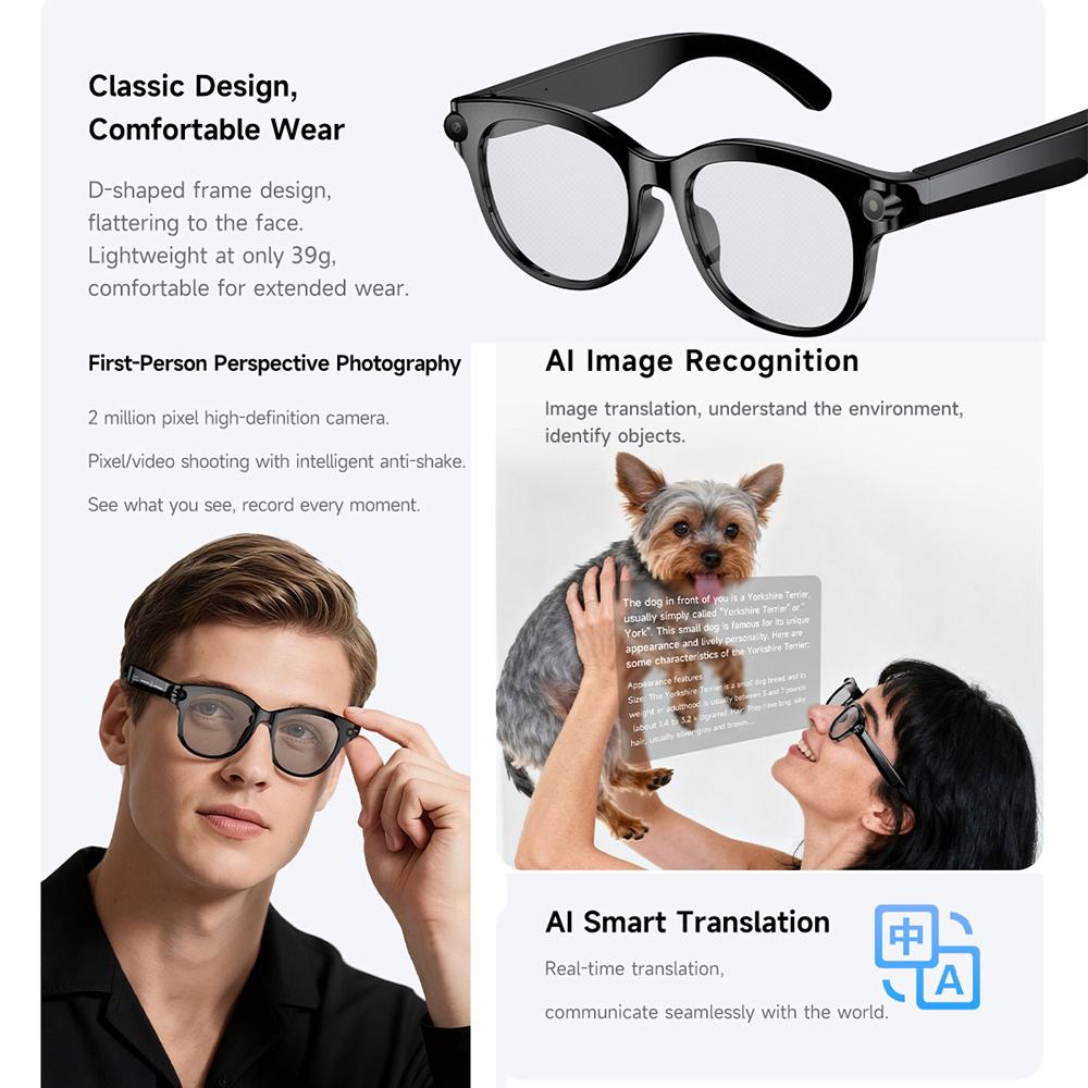 Smart glasses, AI, real-time translation, Bluetooth calling, sunglasses, dual camera, photography, voice, video, MP3 player, multifunctional, suitable for men