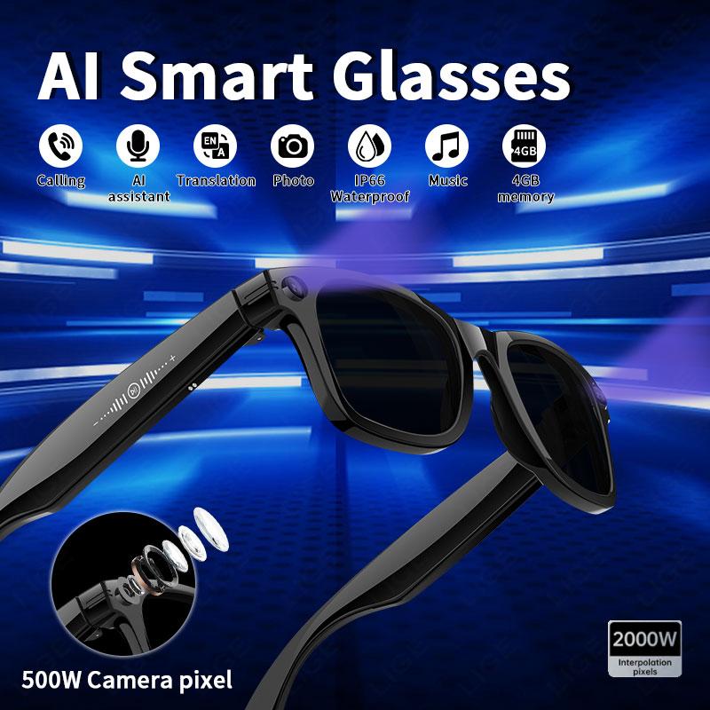 Black Sunglasses with Video Recording, LIGE, New 2025, 5MP Camera, Bluetooth Calling, Music Playback, Language Translation, AI Smart Glasses, For Men and Women